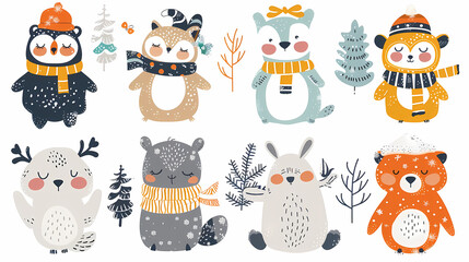 Charming set of winter animal stickers, showcasing adorable smiling animals in winter attire, ideal for decorating journals, holiday cards, and DIY projects