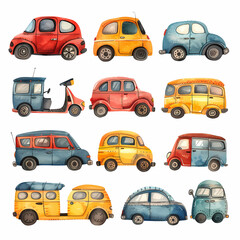 Beautifully designed sticker sheet showcasing hand-drawn vintage cars in a whimsical children's style, perfect for creative and fun decorations