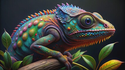 Fototapeta premium A Rainbow Chameleon Perched on a Branch, Digital Art, 3D Render, Close-up, Reptile, Chameleon, Color