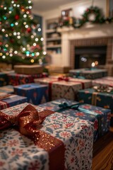 Obraz premium A high-definition photograph of multiple Christmas presents under a tree, various sizes and colors, front-facing.
