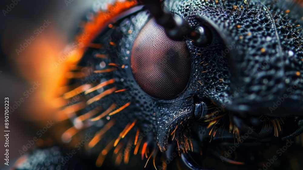 Poster close-up of an insect showcasing intricate details of its eye and texture in a natural setting