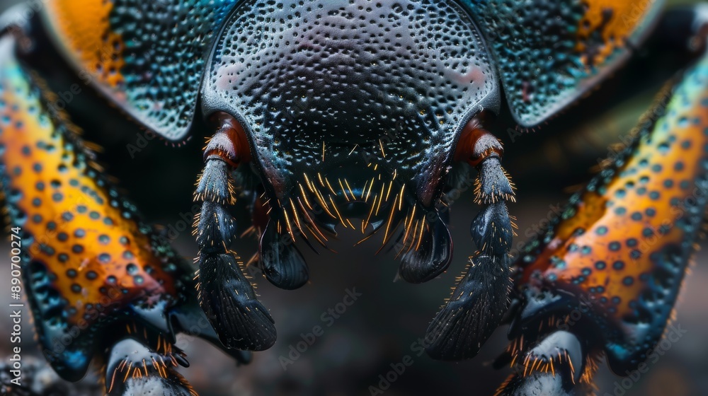Poster close-up view of a colorful beetle highlighting intricate textures and vibrant colors in a natural s