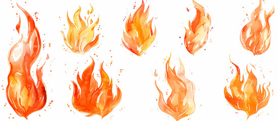 Charming collection of watercolor flames, ideal for enhancing illustrations, backgrounds, and thematic artwork with a touch of fiery elegance