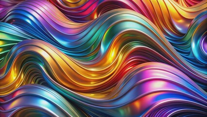 Obraz premium Abstract 3D Metallic Waves, 3D render, iridescent, holographic, waves, flow