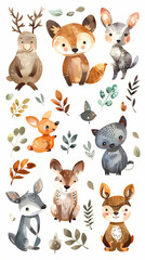 Cute Animal Clipart Sheet &ndash; Watercolor Cartoon Illustrations Set
