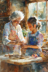 A detailed painting of a grandmother and granddaughter baking cookies together, smiling faces, front-facing.