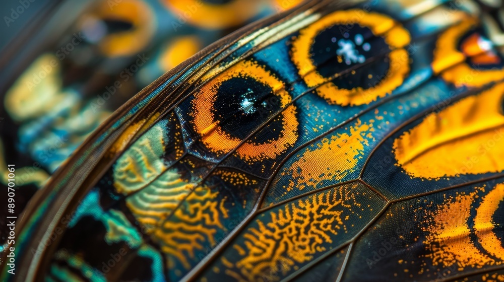 Poster close-up view of a colorful butterfly wing displaying intricate patterns and vibrant colors in natur
