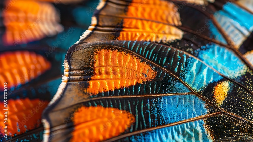 Poster close-up view of a colorful butterfly wing showcasing intricate patterns in vibrant hues