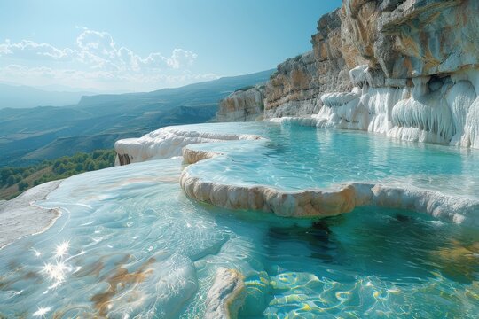 This image showcases the breathtaking Pamukkale thermal pools with their turquoise waters and beautiful mountainous backdrop, capturing a serene and otherworldly natural landscape.