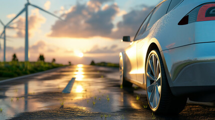 Electric Car on Wet Road at Sunset with Wind Turbines