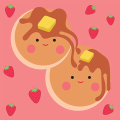 Pancakes with a happy face, a pair of hotcakes with butter and honey on top, a pink background and hearts around. Kawaii style hotcakes