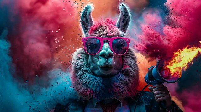 Fashionable lama Wearing tuxedo and Sunglasses Holding Megaphone Against colorful cloud Background