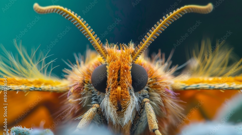 Poster close-up view of a vibrant orange moth displaying intricate details in its texture while perched on 