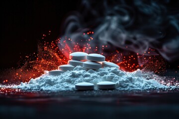 A dramatic image of white pills scattered on powder, accented with red sparkles and mist, presenting a contrasting and moody scene that intrigues and captivates the viewer.