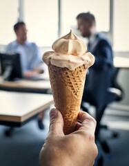 Hand holding ice cream cone in busy Office | deserved break, ready for summer vacation, celebrating success
