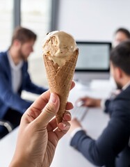 Hand holding ice cream cone in busy Office | deserved break, ready for vacation, celebrating success