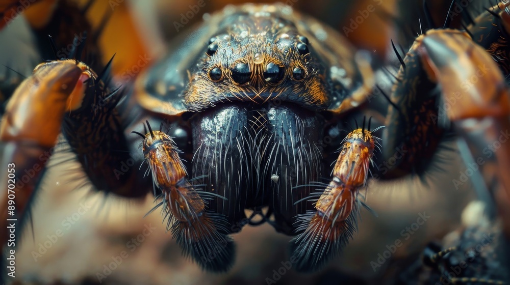 Poster close-up view of a spider showcasing intricate details in its features and textures during daylight