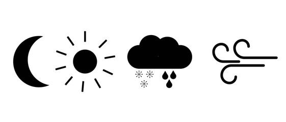 Set of vector icons of sun, moon, cloud, wind. Weather sign elements for app UI and web elements.