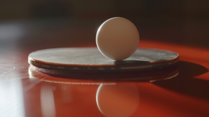 Fototapeta premium A single table tennis ball resting on a paddle in the warm light of late afternoon, highlighting the details and textures within a sports setting