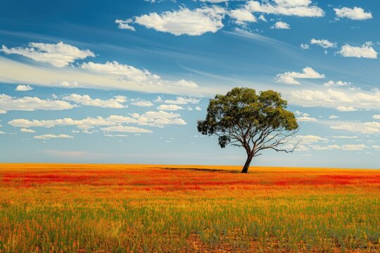 A lone tree stands in a field of yellow flowers