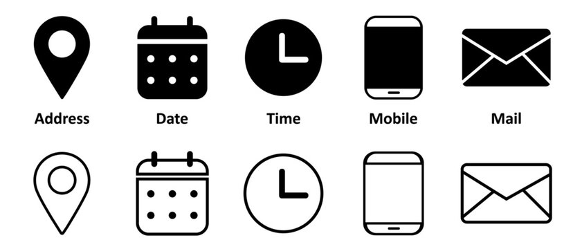Set of web icons and badges. Icon of location or address, notification or email, icon of stopwatch or clock, calendar or date, mobile phone. Vector.