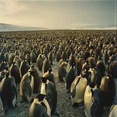A vast colony of emperor penguins gathered on icy shores during a cloudy day in Antarctica, showcasing their natural habitat and social behavior