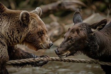 Obraz premium A bear and a deer engaged in a friendly game of tug-of-war in a natural setting. Hyper realistic. Shot with canon 5d Mark III --ar 3:2 --style raw Job ID: 7eb63825-e70a-4d2e-8f5d-48d11d1adab8