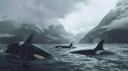 Obraz premium Orcas Swimming Through a Fjord in the Norwegian Arctic