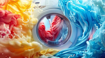 Dynamic Laundry Scene with Bold Colors and Detergent Swirls in Washing Machine for Cleaning Advertisements