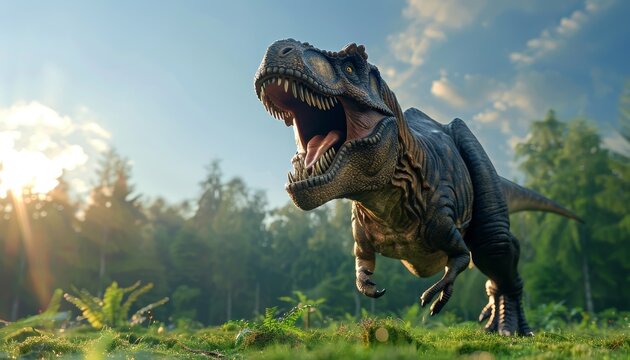 Prehistoric dinosaurs in triassic grasslands under a blue sky, depicting historical habitat