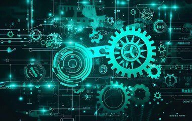 Obraz premium Elegant Futuristic Digital Technology Background with Teal Gears and Cogs on Black, Perfect for Advanced Engineering Solutions