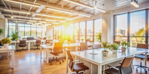 Fototapeta premium Blurred Office Interior with Sunlit Windows and Bright Lights, office , interior , workspace , furniture