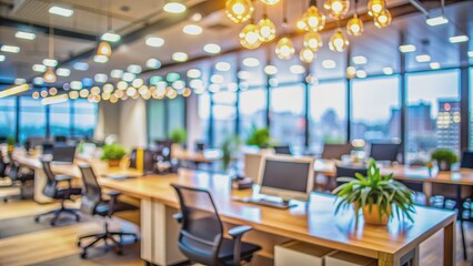 Blurred Office Space with City View and Light Fixtures, office space, modern design, city skyline, light fixtures