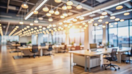 Fototapeta premium Blurry View of an Office Space with Light Fixtures, Office Interior, Modern Workspace, Office Design, Light Fixtures, Workplace, Interior Design