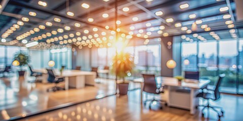 Fototapeta premium Blurry Office Interior with Warm Lighting, Bokeh , Office Interior , Work Space , Abstract
