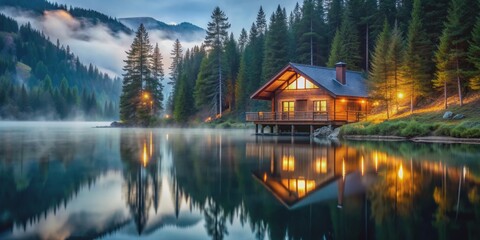 Obraz premium Cabin on the Lake at Dusk, Digital Painting, Lakeside Cabin, Foggy Lake, Mountain Scenery , digital art , landscape
