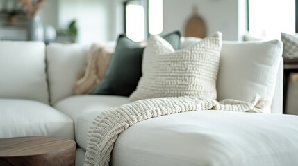 An inviting cozy scene of a modern living room, featuring a pristine white sectional couch adorned with white and green pillows, and a soft, textured throw blanket.