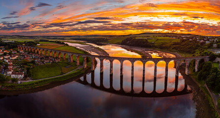 Berwick, Northumberland, UK, June 19, 2024; sunset aerial view of the Royal Border Bridge Viaduct, Berwick, Berwick-upon-Tweed, Northumberland, England, UK.