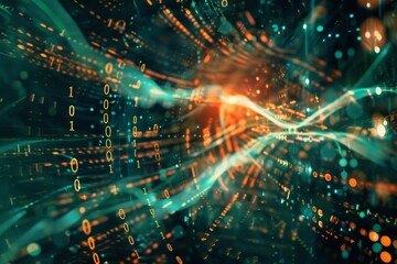 Obraz premium Binary code and network connections overlapping in a futuristic double exposure