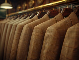 Brown plaid jackets neatly arranged on hangers