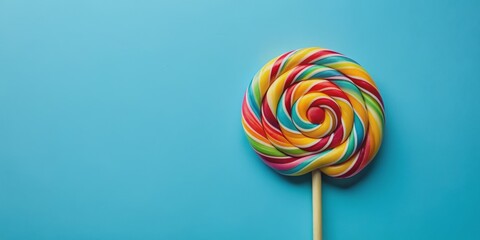 Colorful Swirled Lollipop on Blue Background, lollipop, candy, sweet, treat
