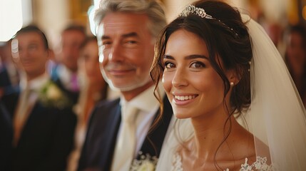 Capture the bride walking down the aisle with her father, tears of joy in her eyes