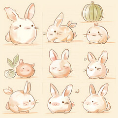 Fototapeta premium Cute Rabbit Sticker Set – Adorable Bunny Illustrations for Crafts