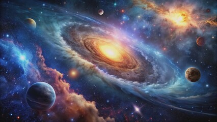 Obraz premium Cosmic Dance A Spiral Galaxy with Planetary Companions, space , galaxy , planets , nebula