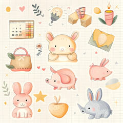 Fototapeta premium Tileset of Cute Rabbit Stickers – Perfect for Planners & Scrapbooks
