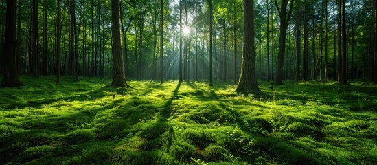 Obraz premium Sunlight Filtering Through a Lush Forest