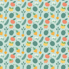 Seamless pattern/ background of summer vibe vegetables, fruits, herbs, and flower. Avocado, tomato and fig