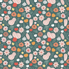 Seamless pattern/ background of summer vibe vegetables, fruits, herbs, and flower. Avocado, tomato and fig