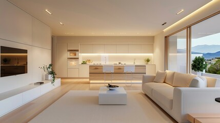 A living room with a blue couch and a glass coffee table