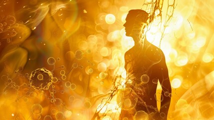 Vitamin D Absorption: Silhouette with Sunlight and Cellular Imagery for Wellness Design